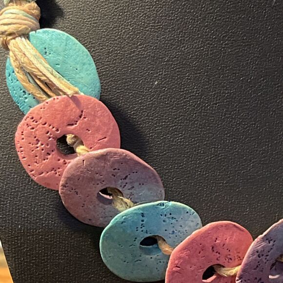 Virginia Parissi Designer Boho Colorful Disc Natural Material Cord Necklace 16” - Picture 3 of 6